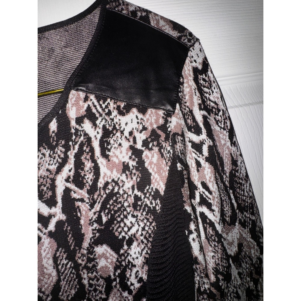 Cache Snakeskin Print Zip Front Cardigan Faux Leather Trim Black Tan Size L - Picture 6 of 7